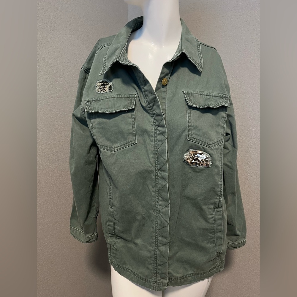 Justice Women’s Green W Sequin LS Button Down Cotton Utility Jacket Size 20 Plus